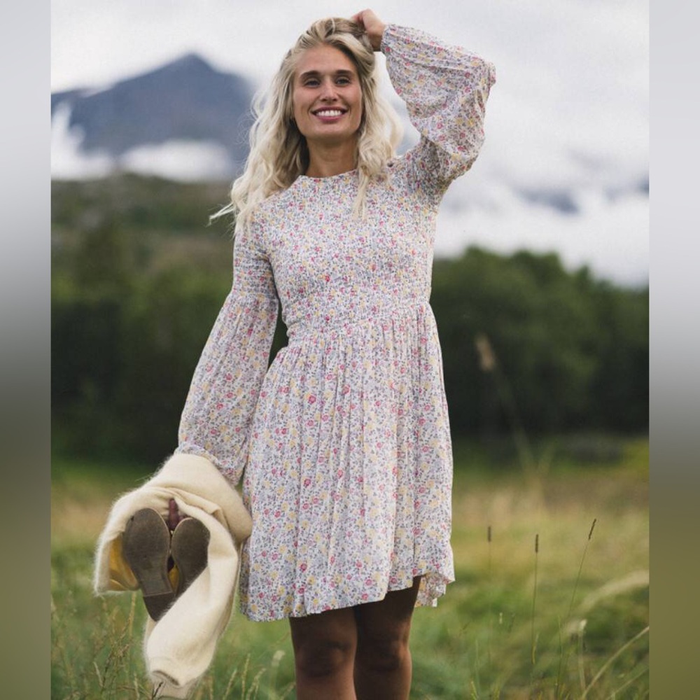 Ganni Floral Print Georgette Smocked Shirred Dress